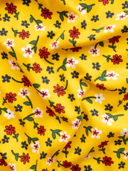 European Designer Deadstock - Cotton/Spandex Jersey - Happy Flowers - Yellow