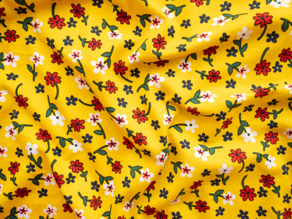 European Designer Deadstock - Cotton/Spandex Jersey - Happy Flowers - Yellow