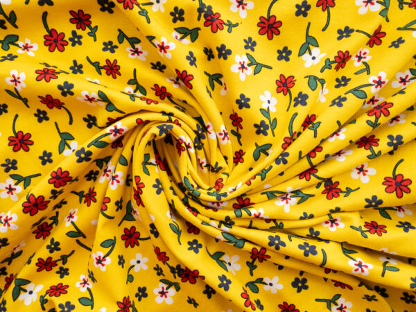 European Designer Deadstock - Cotton/Spandex Jersey - Happy Flowers - Yellow