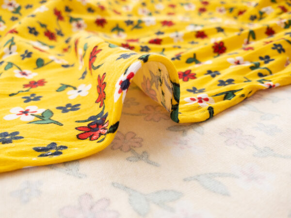 European Designer Deadstock - Cotton/Spandex Jersey - Happy Flowers - Yellow