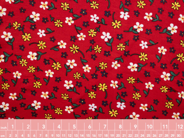 European Designer Deadstock - Cotton/Spandex Jersey - Happy Flowers - Red