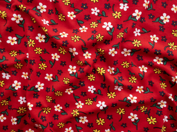 European Designer Deadstock - Cotton/Spandex Jersey - Happy Flowers - Red