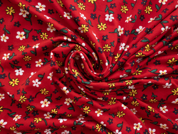 European Designer Deadstock - Cotton/Spandex Jersey - Happy Flowers - Red