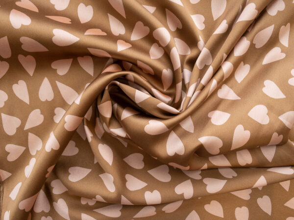 Designer Deadstock - Printed Silk Stretch Charmeuse - Hearts - Brown/Pink