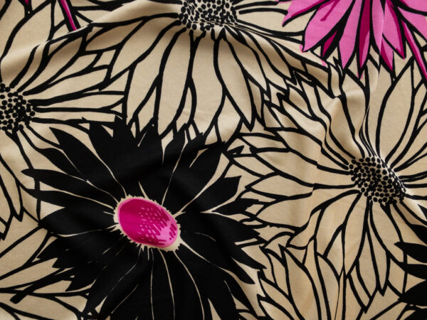 Designer Deadstock - Silk Jersey - Chrysanthemum - Tan/Black/Pink