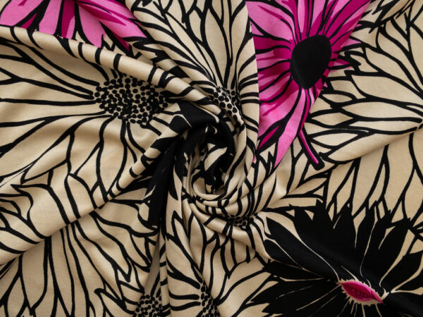 Designer Deadstock - Silk Jersey - Chrysanthemum - Tan/Black/Pink