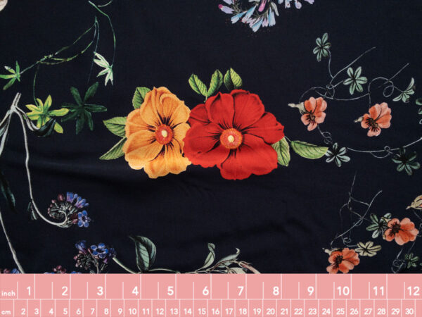 Amour Vert - Sandwashed Silk Crepe de Chine - Sunflowers & Poppies - Navy