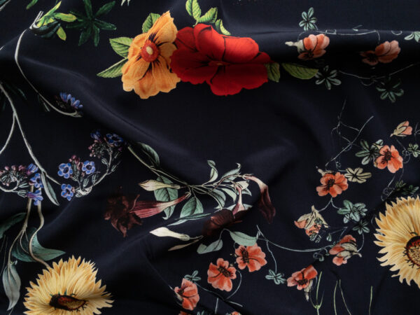 Amour Vert - Sandwashed Silk Crepe de Chine - Sunflowers & Poppies - Navy