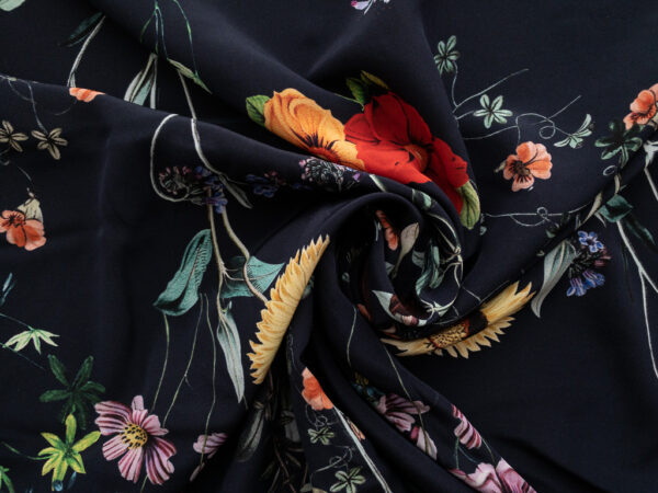 Amour Vert - Sandwashed Silk Crepe de Chine - Sunflowers & Poppies - Navy