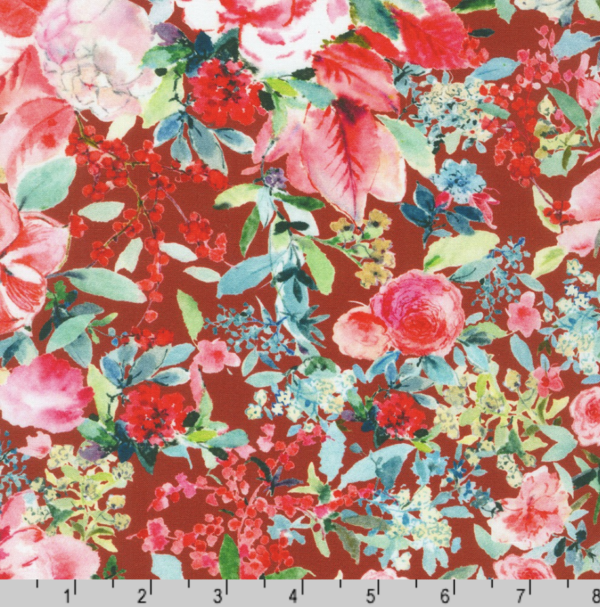 Quilting Cotton – Yuletide Bouquet - Watercolor Floral - Red