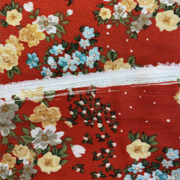 Designer Deadstock - Rayon Crinkle Gauze - Bouquet - Red