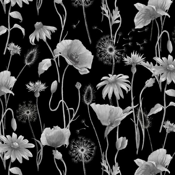 Quilting Cotton - Graphite - Anemone Poppy Floral - Black