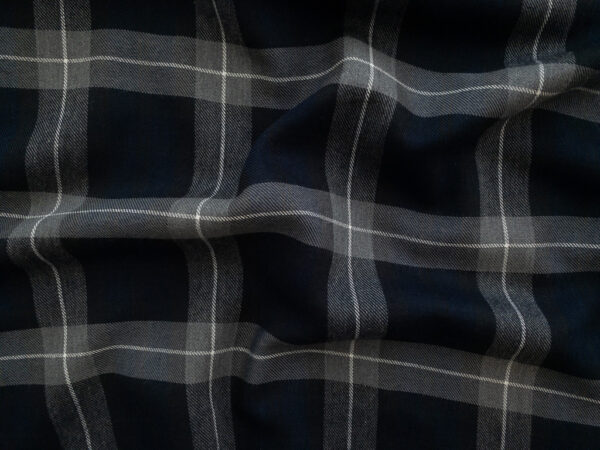 European Designer Deadstock – Brushed Yarn Dyed Viscose/Polyester – Navy/Grey Plaid