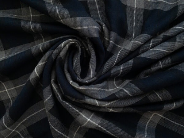 European Designer Deadstock – Brushed Yarn Dyed Viscose/Polyester – Navy/Grey Plaid