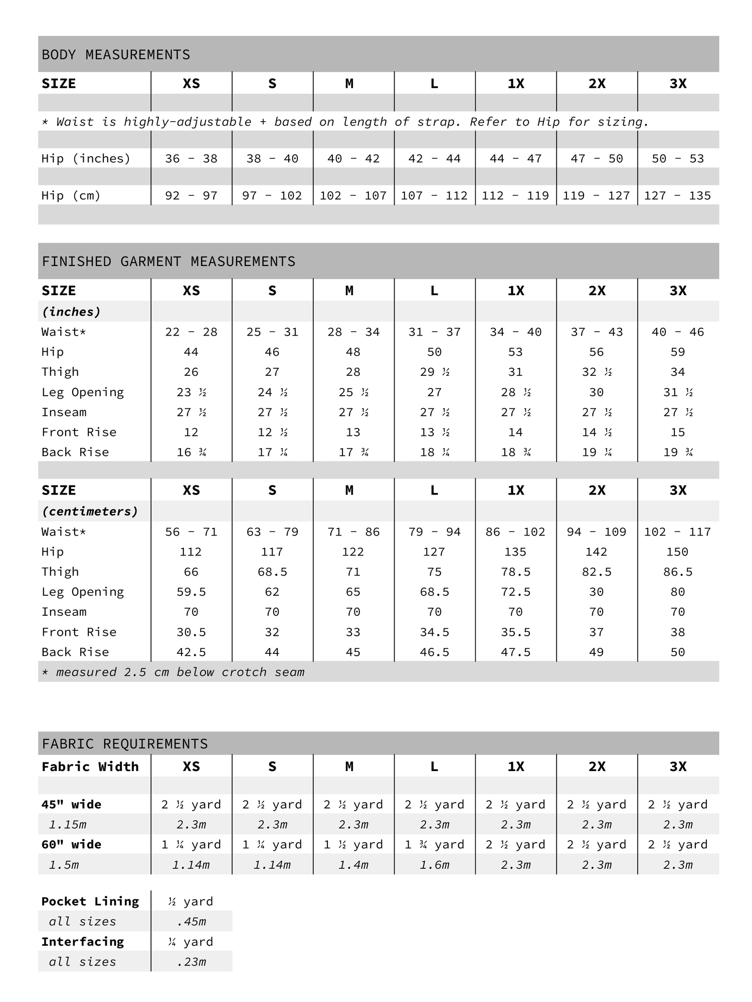 Handmade Size Chart