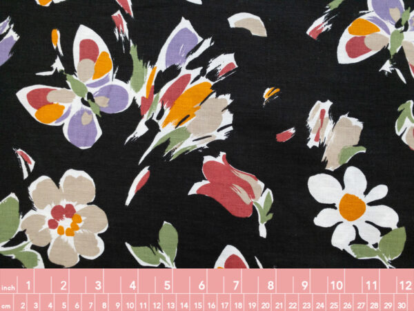 British Designer Deadstock - Linen/Cotton Slub - Retro Butterflies & Flowers - Black/Muted
