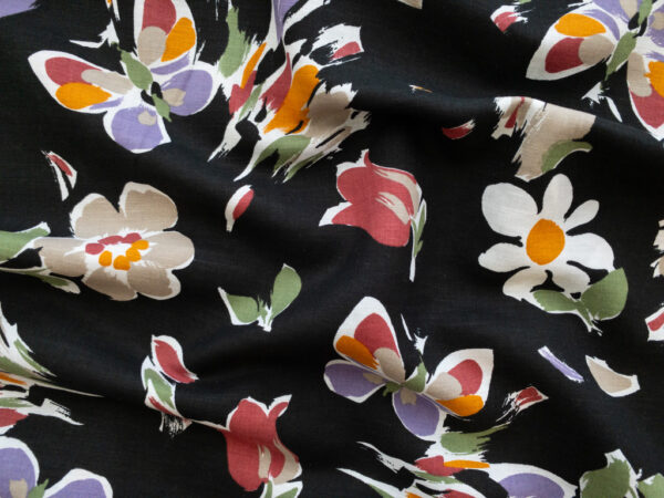 British Designer Deadstock - Linen/Cotton Slub - Retro Butterflies & Flowers - Black/Muted