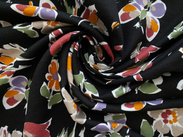 British Designer Deadstock - Linen/Cotton Slub - Retro Butterflies & Flowers - Black/Muted