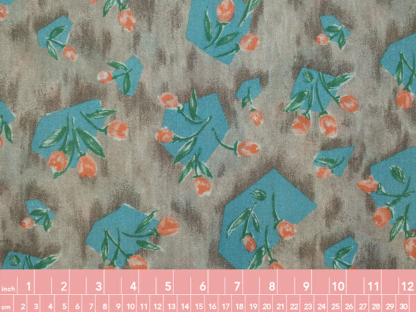 New York Designer Deadstock - Wool Crepe - Polygon and Flowers - Grey/Teal