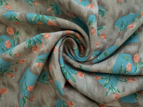 New York Designer Deadstock - Wool Crepe - Polygon and Flowers - Grey/Teal