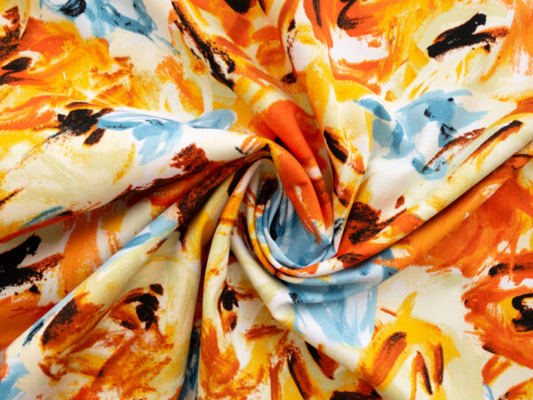 British Designer Deadstock - Cotton Stretch Twill - Impressionist Floral - Orange/Blue