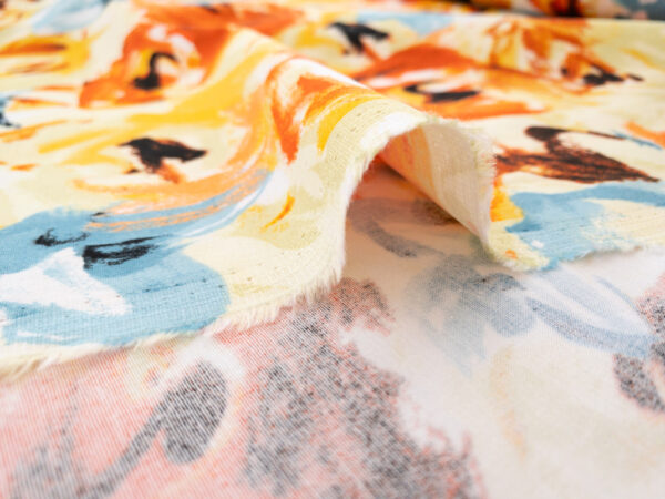 British Designer Deadstock - Cotton Stretch Twill - Impressionist Floral - Orange/Blue