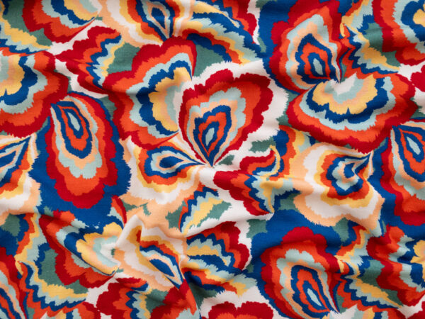 Carla Viscose/Spandex Jersey – Funky Petals - Blue/Red/Orange