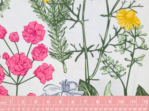 Printed Rayon/Linen - Wild Flowers - Off White/Fuchsia