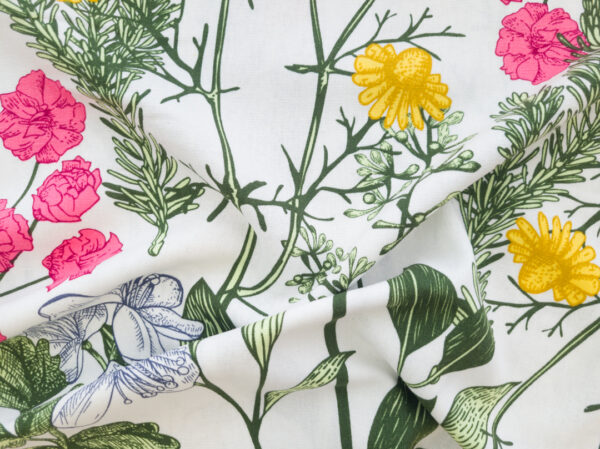 Printed Rayon/Linen - Wild Flowers - Off White/Fuchsia