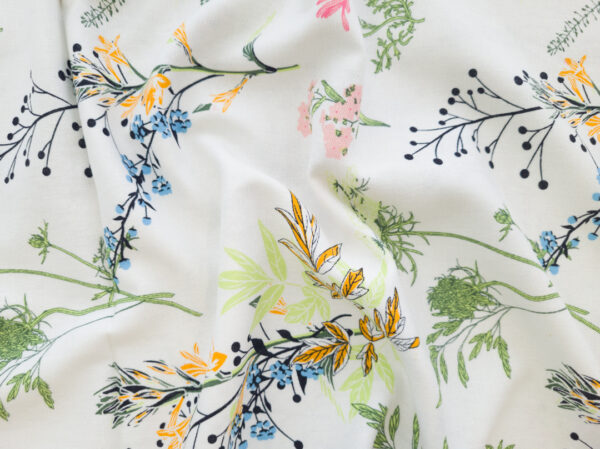 Printed Rayon/Linen - Sparse Bouquet - Off White/Blue