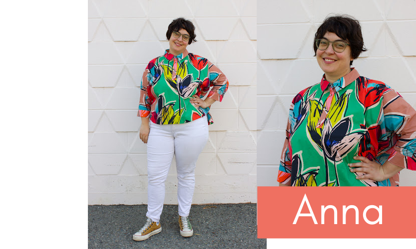 Stonemountain staffer Anna wears a colorful handmade button up shirt