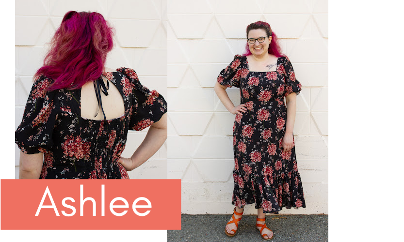 Stonemountain staffer Ashlee wears a long, handmade black dress with small pink flowers on it