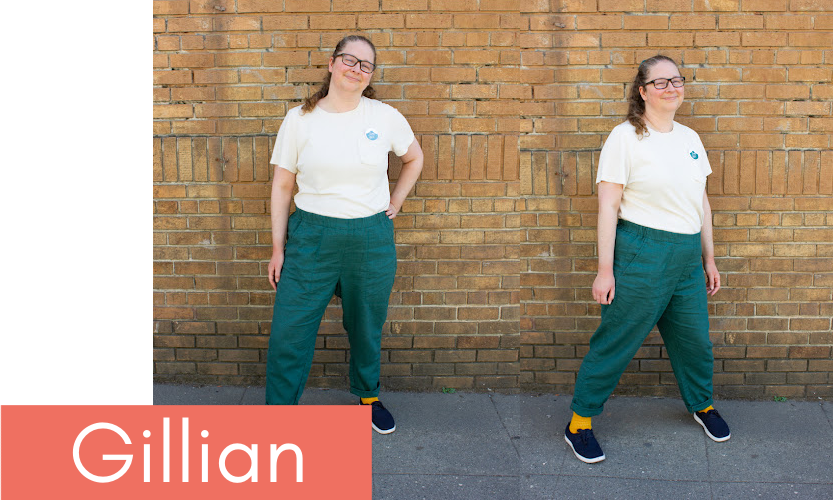 Stonemountain staffer Gillian models her handmade green linen pants