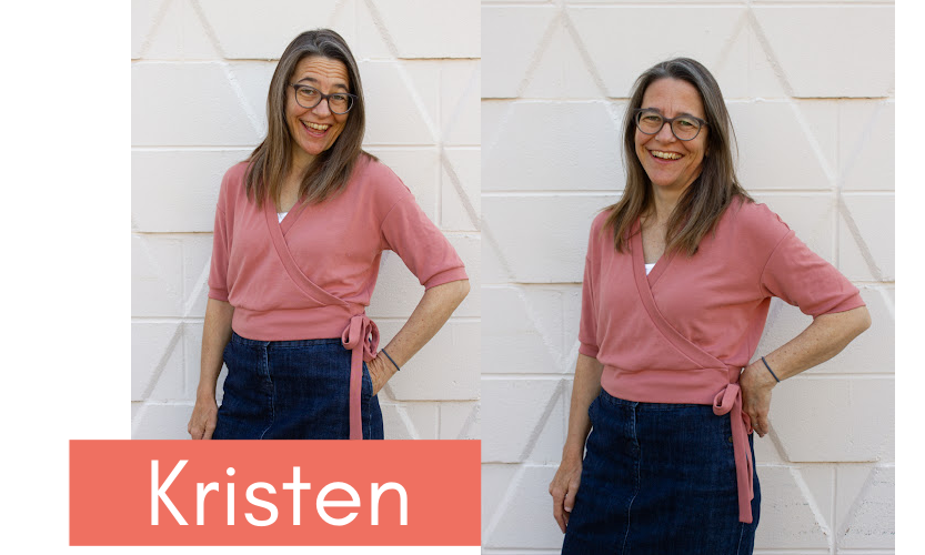 Stonemountain staffer Kristen models her handmade pink sweater top. 