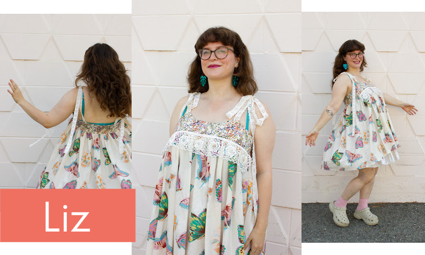 Stonemountain staffer Liz wears her handmade slip dress with butterflies printed on it. 