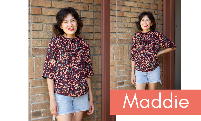 Stonemountain staffer Maddie wears her handmade Wilder blouse, made of a multicolored spotted fabric