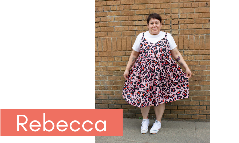 Stonemountain staffer Rebecca models her handmade pink leopard print slip dress. 