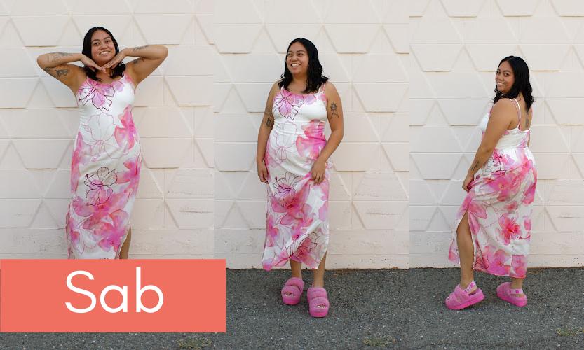 Stonemountain staffer Sab wears a handmade white slip dress with large pink flowers printed on it. 