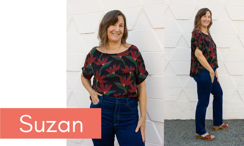 Stonemountain owner Suzan wears jeans and a handmade t-shirt printed with tropical flowers.