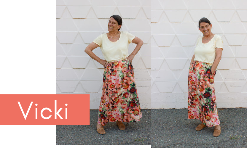 Stonemountain staffer Vicki models a long, flowered skirt.