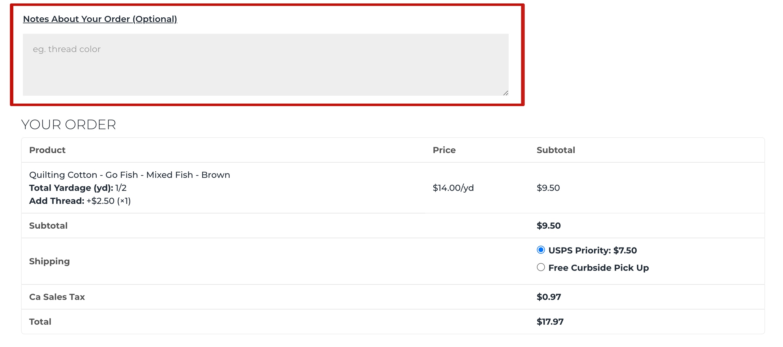 Screen shot of the "checkout" page with the "notes about your order" field highlighted with a red box.