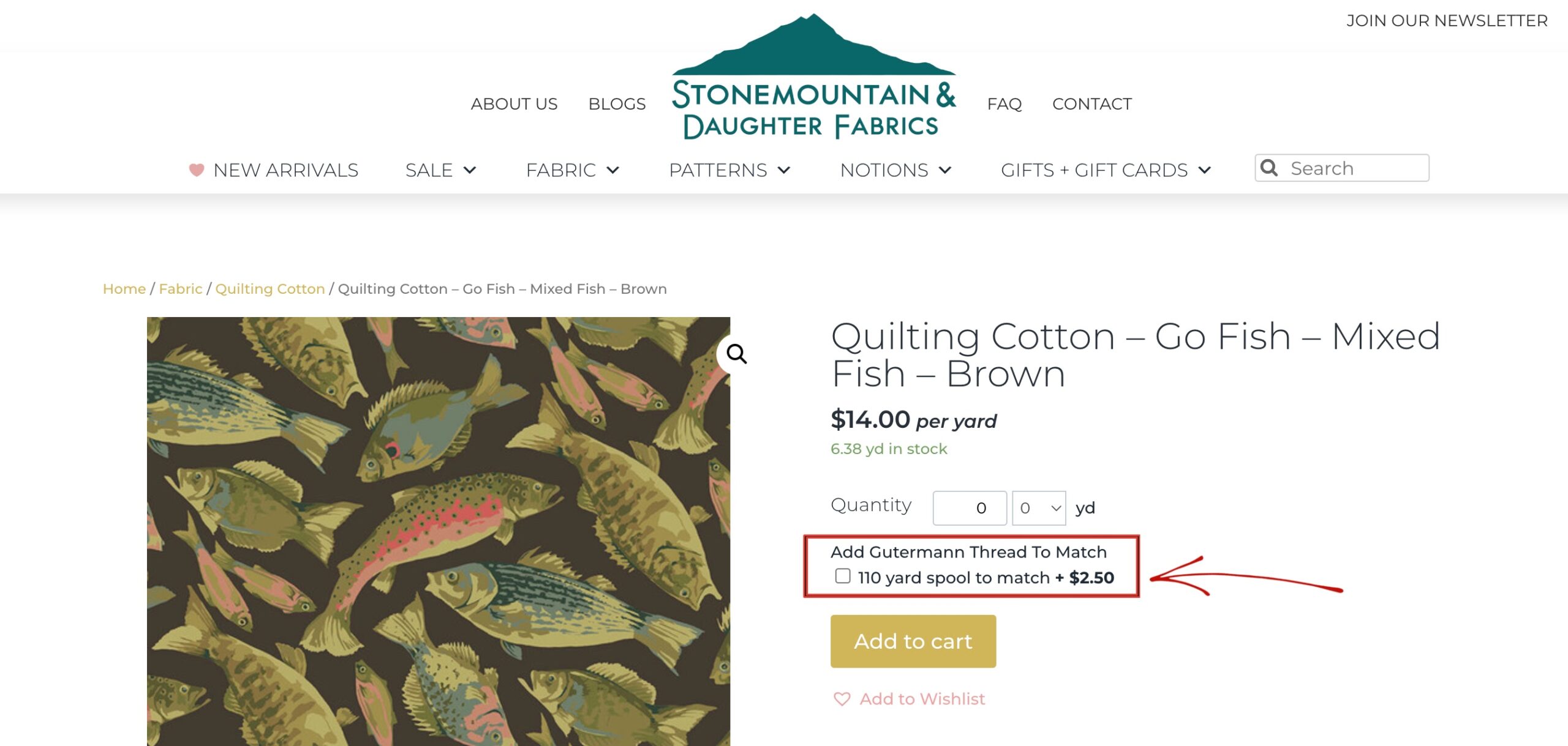 Screen shot of a fabric product page with the "add Gutermann thread to match" feature highlighted with a red box and arrow.