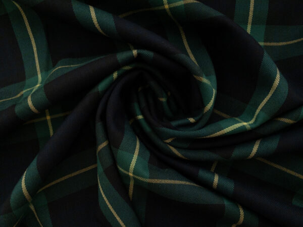 British Designer Deadstock – Viscose/Polyester Stretch Twill – Navy/Green Plaid