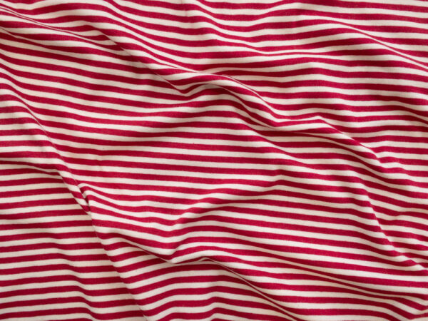 British Designer Deadstock – Viscose/Spandex Knit – Narrow Stripe - Red/Ivory