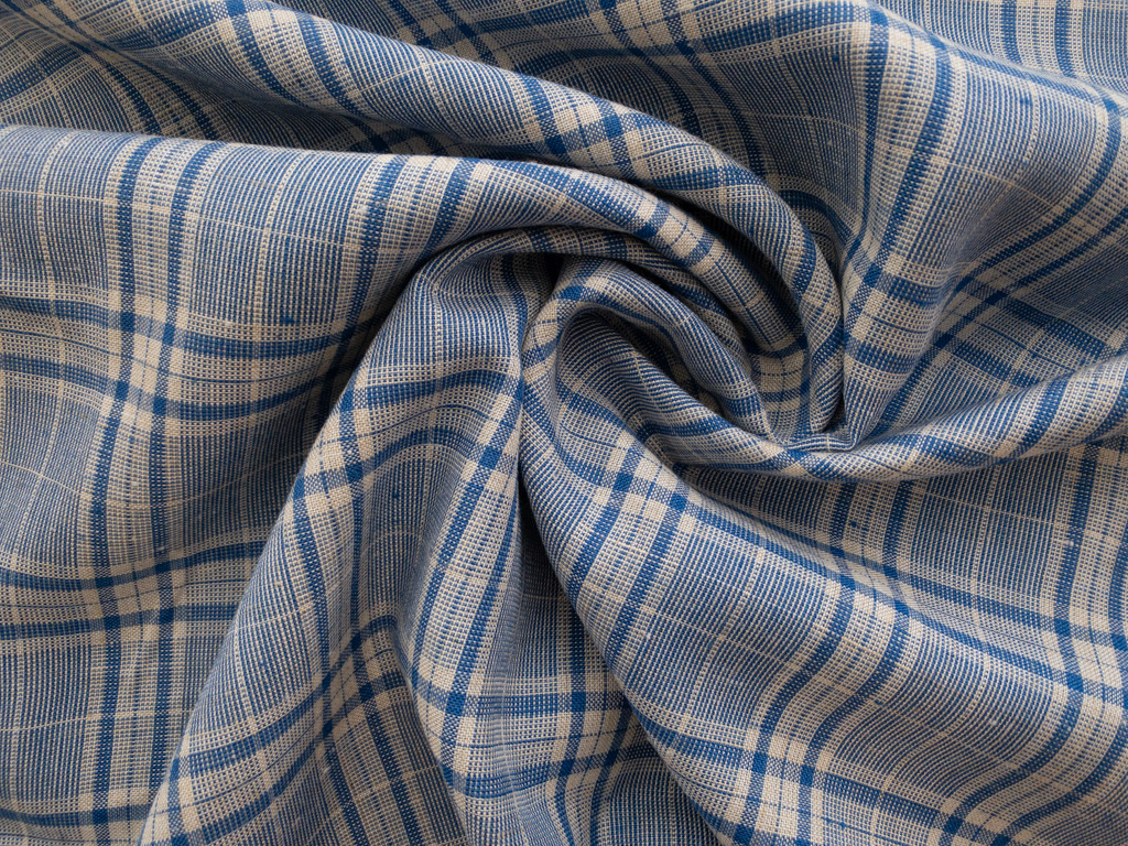 British Designer Deadstock - Yarn Dyed Linen - Tartan Plaid - Blue/Red -  Stonemountain & Daughter Fabrics, Plaid Fabric 