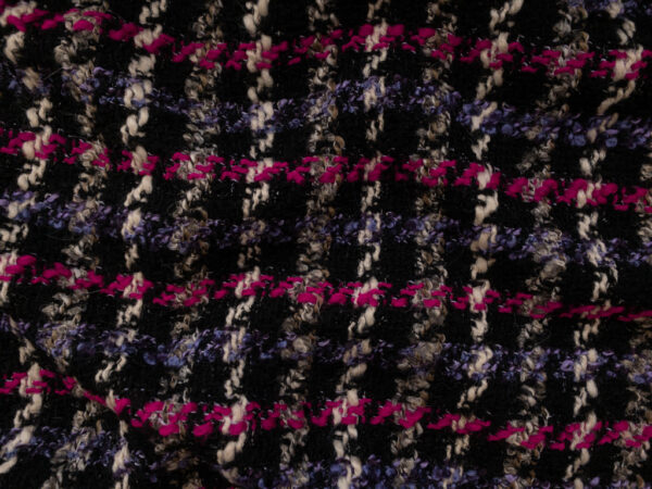 British Designer Deadstock - Wool Blend Boucle Coating - Plaid - Black/Fuchsia