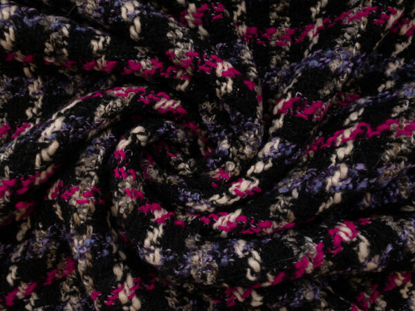British Designer Deadstock - Wool Blend Boucle Coating - Plaid - Black/Fuchsia