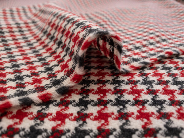 British Designer Deadstock - Wool/Polyester Suiting - Houndstooth - Red/Cream