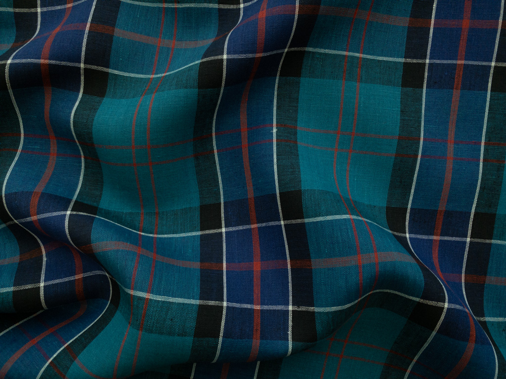 British Designer Deadstock - Yarn Dyed Linen - Tartan Plaid - Blue/Red -  Stonemountain & Daughter Fabrics