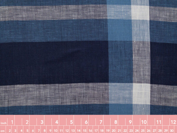 British Designer Deadstock - Yarn Dyed Linen - Large Plaid - Navy/Blue